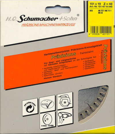 H.O. Schumacher+Sohn Hartmetallbestücktes Präzisions-Kreissägeblatt Feinstzahn Ø 151 mm, Bohrung 19 mm (3/4)